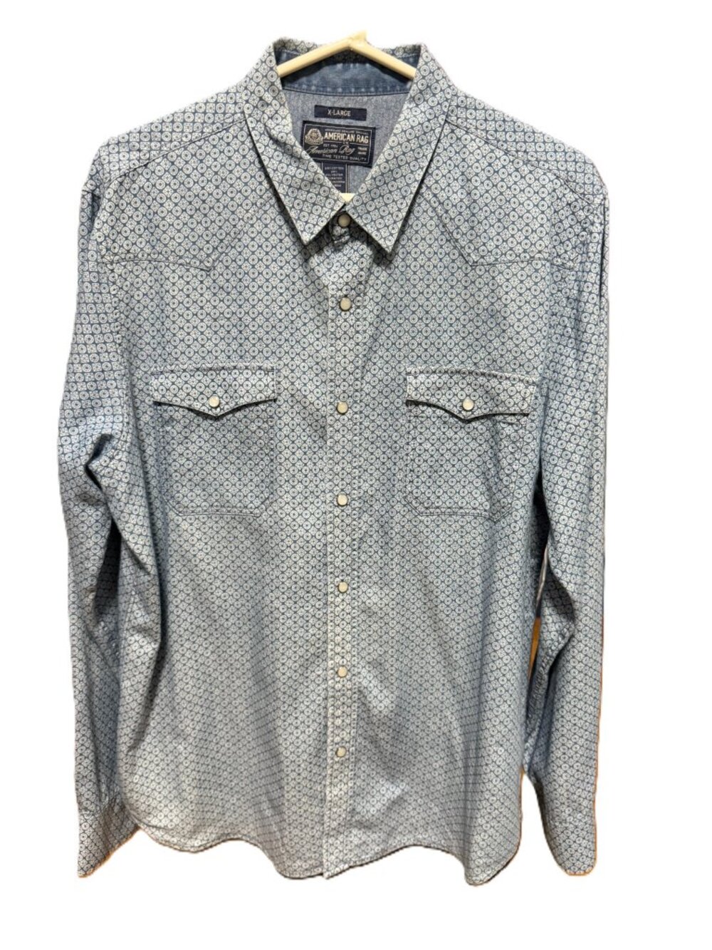 American Rag Mens XL Blue Geometric Print Western Pearl Snap Button Shirt